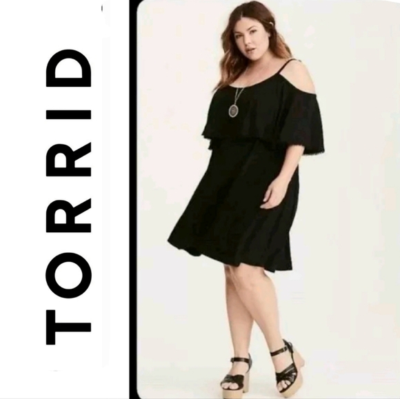 torrid Dresses & Skirts - Torrid Black Cold Shoulder Pom Pom Fringe Skater Ruffle Overlay Flowy Dress 1X